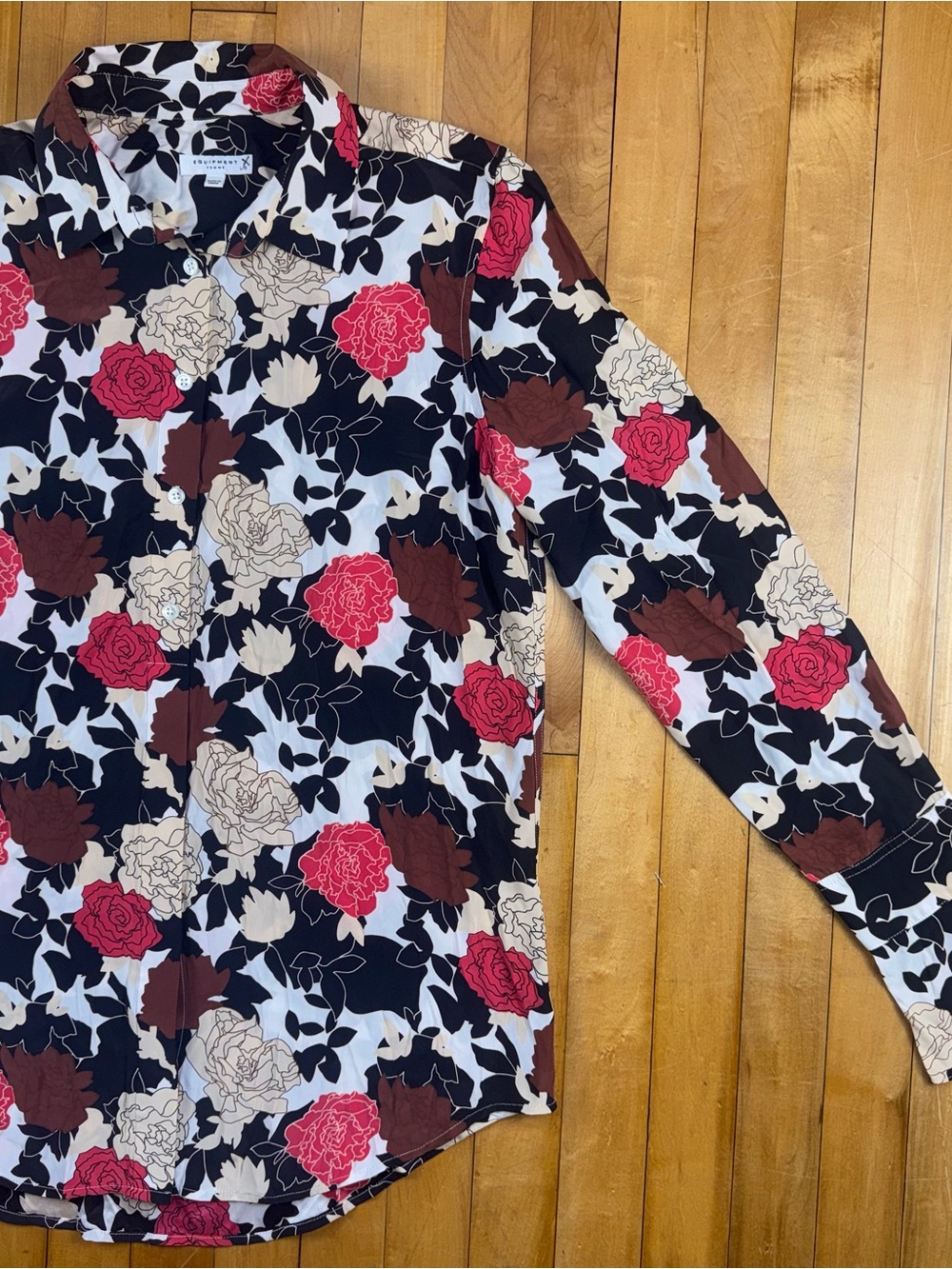 Equipment Femme 100% Silk Floral Button Front Blouse Womens Large Pink